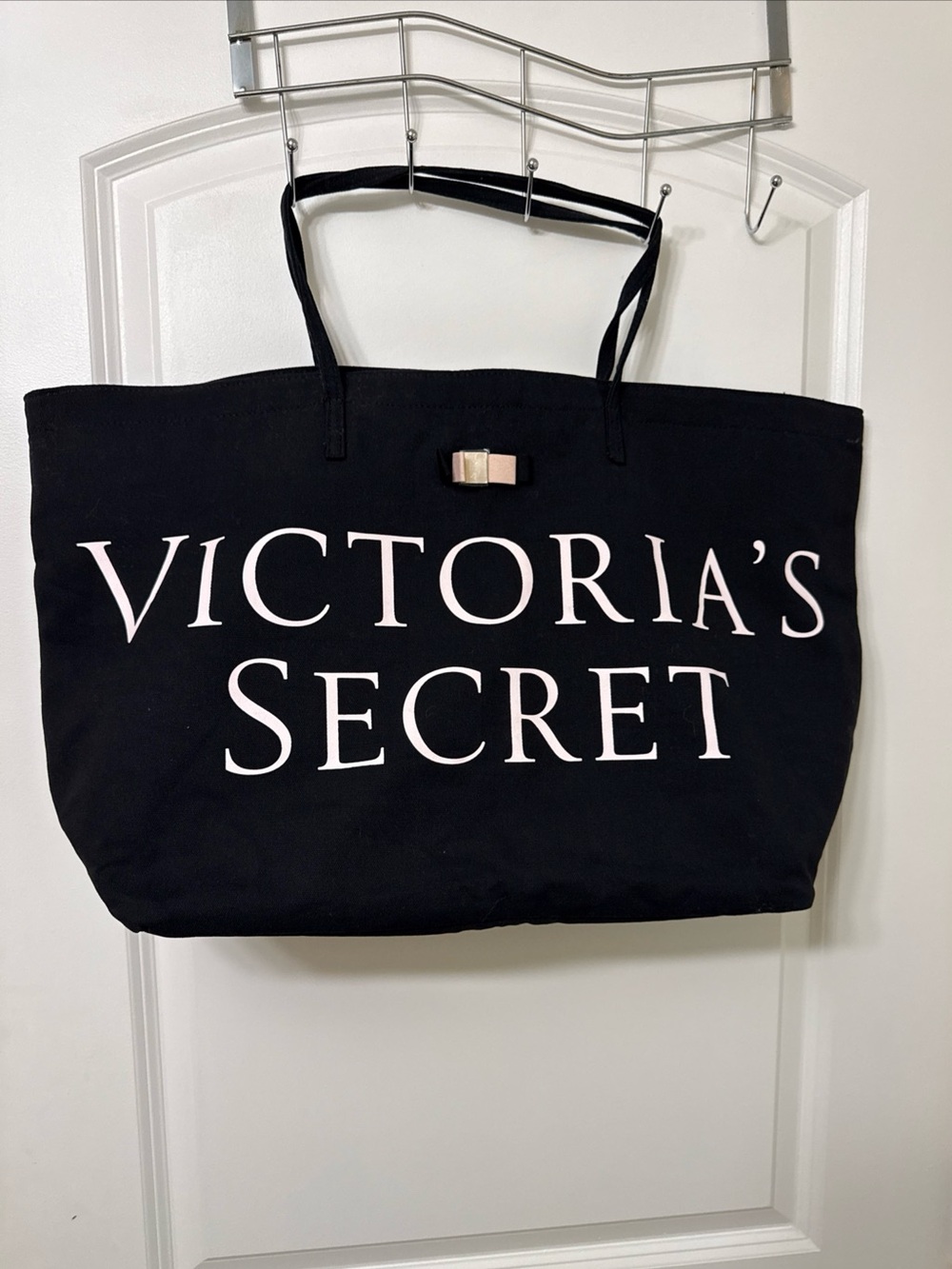 Victoria's Secret Black Tote with White Logo and Pink Bow Accent